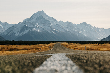 View of the majestic Aoraki Mount Cook with the road leading to Mount Cook Village. Taken during...