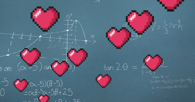 Image of hearts falling over mathematical equations on chalkboard