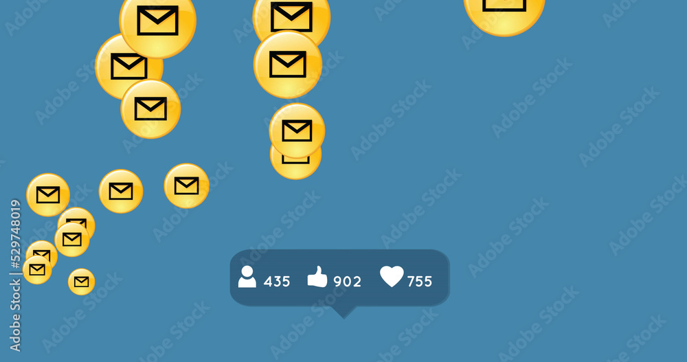 Poster profile, thumbs up and heart icon with increasing numbers on speech bubble against message icons