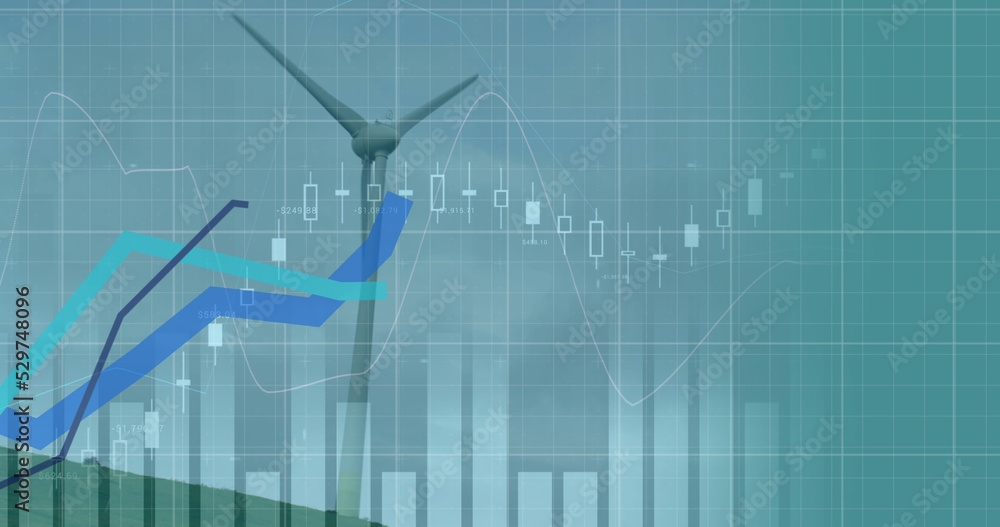 Aufkleber financial data processing and blue graphs moving over multiple windmill spinning