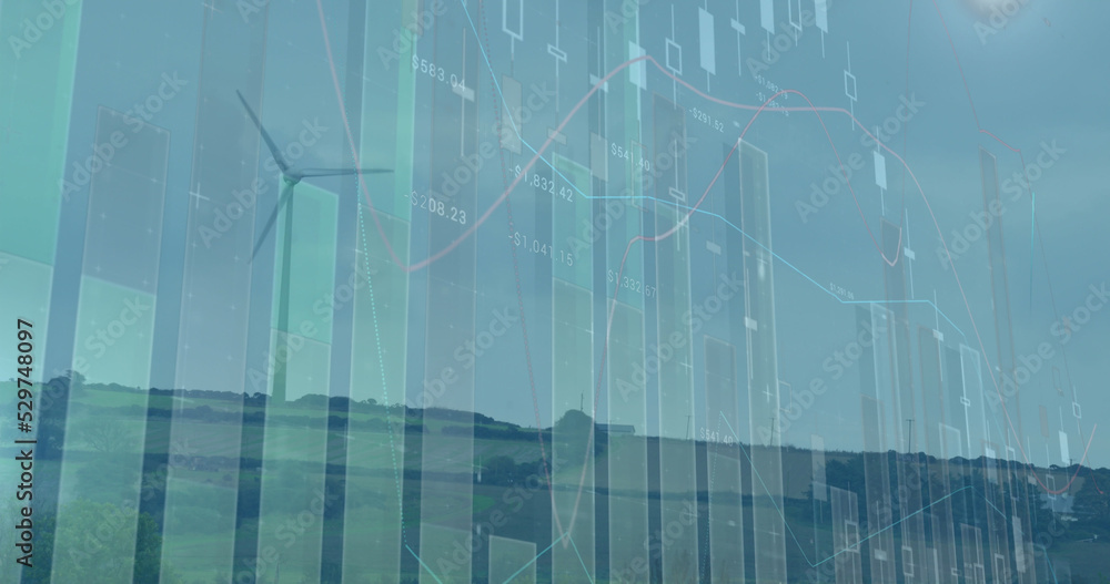 Poster image of statistics and data processing over wind turbines in countryside landscape