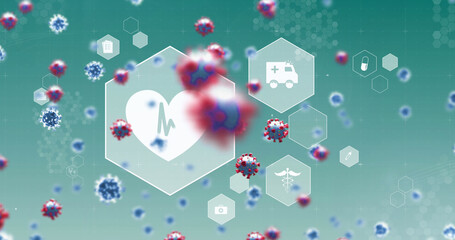 Image of macro Covid-19 cells floating on green background with white medical icons