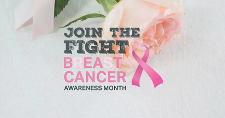 Obraz premium Image of join the fight and pink ribbon over white background with rose