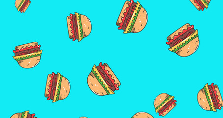 Image of multiple cheeseburgers floating on blue background