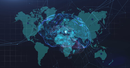 Human brain spinning against network of connection over world map on blue background