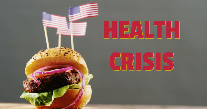 Health Crisis text against American flags on burger against grey background - Powered by Adobe