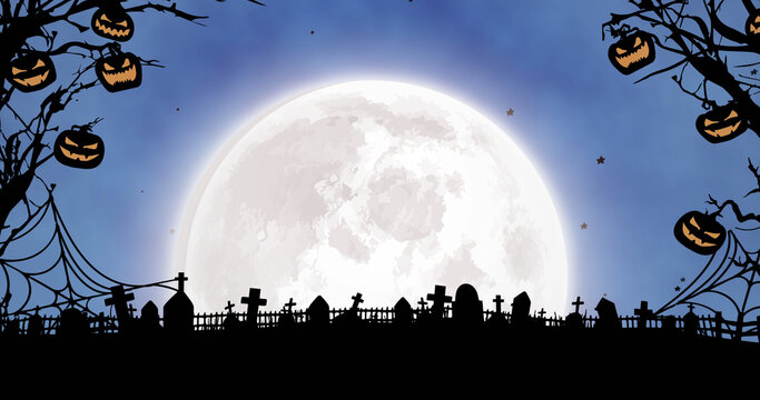 Image of jack o lanterns hanging on branches, halloween cemetery and moon on blue background