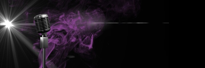 Fototapeta na wymiar Microphone, spot of light and purple digital wave with copy space on black background