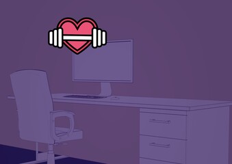 Digitally generated image of barbell over a heart icon against office desk