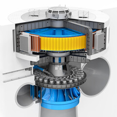Turbine hydroelectric power plant with a generator in section. 3d illustration