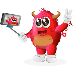 Vector_Cute red monster takes a selfie with smartphone