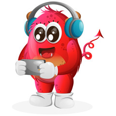 Vector_Cute red monster playing game mobile, wearing headphones