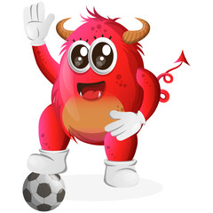 Vector_Cute red monster play football, soccer ball