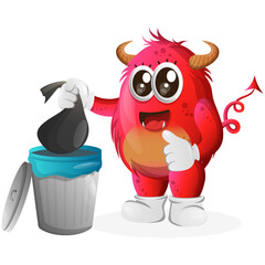 Vector_Cute red monster placing reusable waste into garbage can