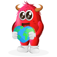 Vector_Cute red monster holding earth with love shape