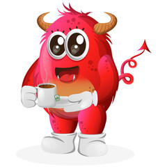 Vector_Cute red monster drinking tea, tea time