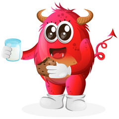 Vector_Cute red monster drink milk and eat cookie © Triyanto