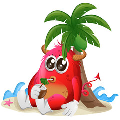 Obraz na płótnie Canvas Vector_Cute red monster drink coconut water under palm tree in the summer
