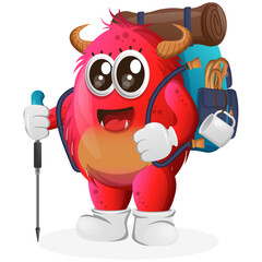 Vector_Cute red monster adventure trekking