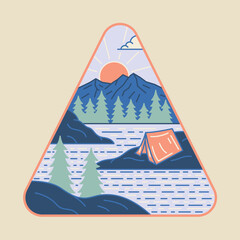 Camping with good view of mountain and river graphic illustration vector art t-shirt design