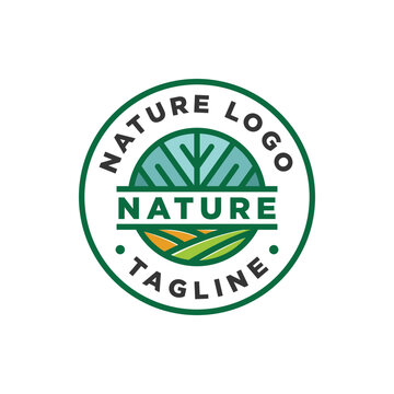 Agriculture farm logo emblem, Nature green logo modern simple circular line art style vector design illustration isolated