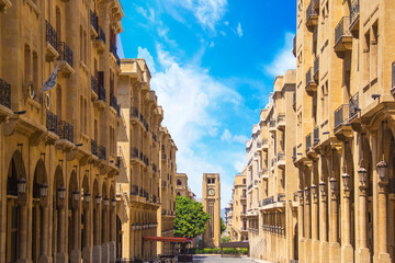 A view of the clock tower in Nejmeh Square in Beirut, Lebanon, some local architecture of downtown Beirut, Lebanon