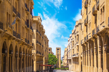 A view of the clock tower in Nejmeh Square in Beirut, Lebanon, some local architecture of downtown...
