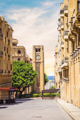Fototapeta premium A view of the clock tower in Nejmeh Square in Beirut, Lebanon, some local architecture of downtown Beirut, Lebanon
