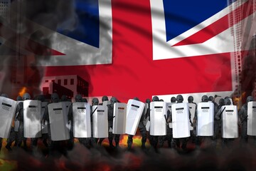 United Kingdom (UK) police squad on city street are protecting order against mutiny - protest stopping concept, military 3D Illustration on flag background