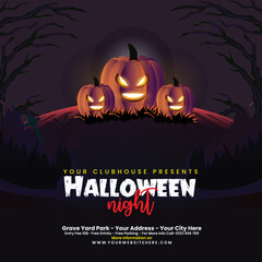 Halloween Pumpkin with Forest At Night background banner.