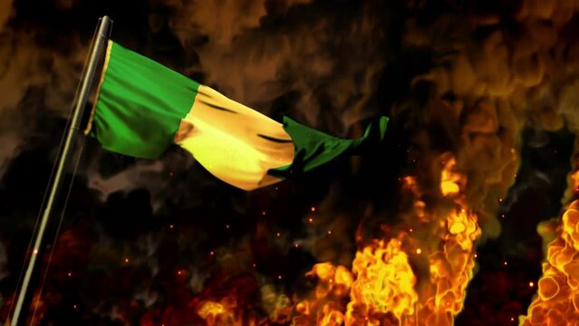 waving Nigeria flag on burning fire backdrop - problem concept