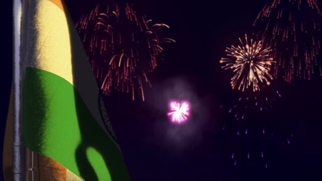 hanging India flag on firework sky bokeh bg