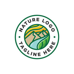 Agriculture farms logo emblem with mountain, river, colorful sky, and leaf icon. Nature green logo modern simple circular line art style