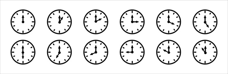 Time and clock icon set. Complete 12 hours pointed clockwise o'clock sharp vector illustration. Set of analog.