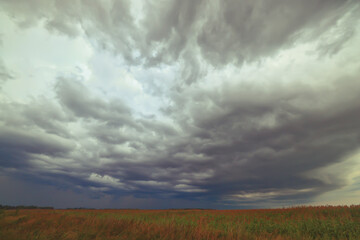 Fototapeta na wymiar cloudscape field hay rolls sky clouds autumn, gloomy weather agriculture