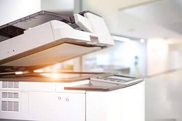 Photocopier printer, Close up the copier or photocopy machine office equipment workplace for scanner or scanning document and printing or copy paper duplicate and Xerox. - obrazy, fototapety, plakaty