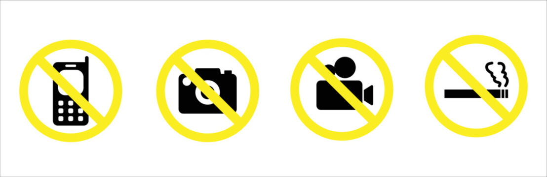 No photos, non smoking area, no video and no phones forbidden sign, icon, symbol, vector, vector illustration	