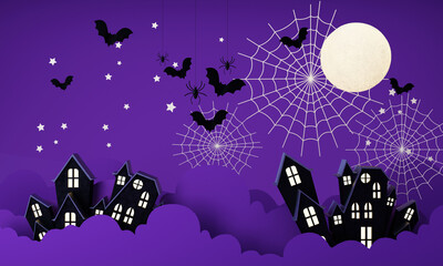 Happy Halloween party posters set with night clouds and pumpkins in cartoon illustration. Full moon and boo ghost with haunted house Place for text. Brochure background. 3d render cartoon character