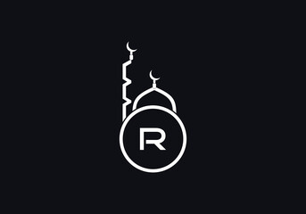 Islamic religious mosque and minar logo and symbol design vector with the letter R