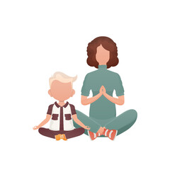 Mom and little son are sitting meditating.   Cartoon style.