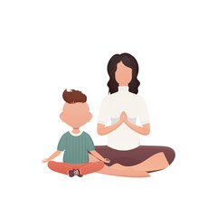 Mom and son are sitting doing meditation.   Cartoon style.