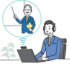 リモートで授業を受けるビジネスマン、ビジネスウーマン