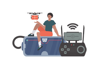 The concept of cargo delivery by air. A man controls a quadcopter with a package.    .