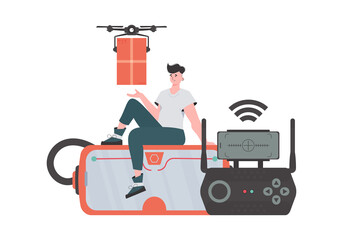 The concept of cargo delivery by air. A man controls a quadcopter with a package.   trendy style.  .