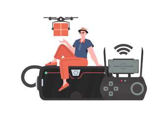 The concept of cargo delivery by air. A man controls a quadcopter with a package.   Flat modern design.
