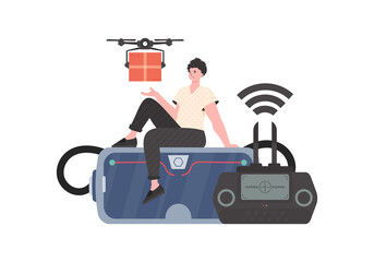 Fototapeta premium The concept of cargo delivery by air. A man controls a quadcopter with a package. .