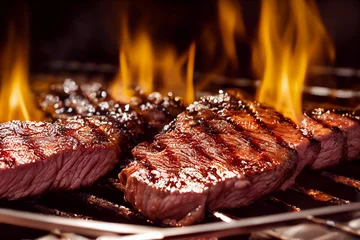 Poster Grilled meat steak on stainless grill depot with flames on dark background. Food and cuisine concept. © Virtual Art Studio