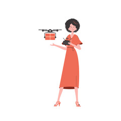 The concept of cargo delivery by air. A woman controls a drone with a parcel.   trendy style.