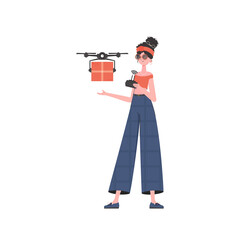 The concept of cargo delivery by air. A woman controls a drone with a parcel.    .