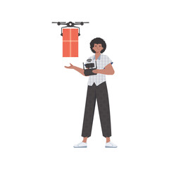 The theme of cargo delivery by air. A man controls a drone with a package.
